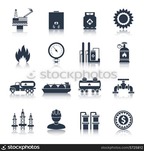 Gas icons black with flame plant storage extraction isolated vector illustration