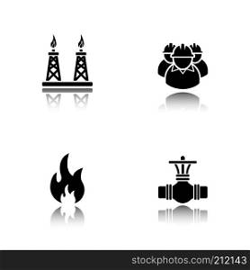 Gas industry drop shadow black icons set. Industrial workers, pipeline valve, flammable sign, gas platform. Isolated vector illustrations. Gas industry drop shadow black icons set.