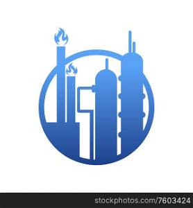 Gas industry isolated logo, plant producing natural blue fuel. Vector pipelines, extraction of gasoline. Factory extracting natural gas isolated logo