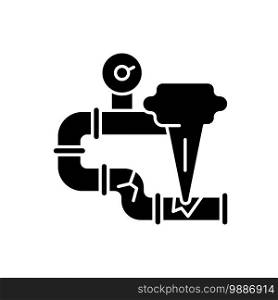 Gas leak black glyph icon. Damaged gas pipe. Carbon monoxide poisoning. Toxic gases and air quality issues. Gas-burning appliance. Silhouette symbol on white space. Vector isolated illustration. Gas leak black glyph icon