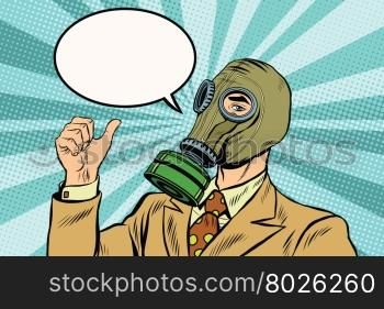 Gas mask man thumb up pop art retro vector. Environmental business gas mask. Gas mask man thumb up
