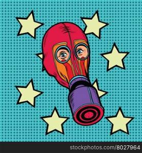Gas mask, vintage red rubber pop art retro vector. Chemical and biological protection. Military equipment, nuclear contamination. War