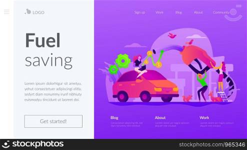 Gas mileage, fuel saving and efficient green eco friendly engine technology concept. Website homepage interface UI template. Landing web page with infographic concept hero header image.. Fuel economy landing page template.