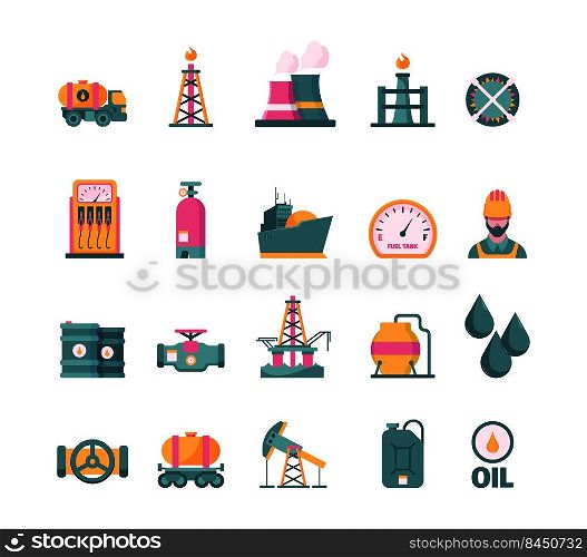 Gas oil industry. Mining energy from gas barrel and tank electric production line diesel transport fueling garish vector concept icons in flat style. Energy industry oil and gas mining illustration. Gas oil industry. Mining energy from gas barrel and tank electric production line diesel transport fueling garish vector concept icons in flat style