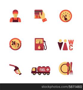 Gas petrol fuel pay at the pump 24h availability station icons set flat isolated abstract vector illustration