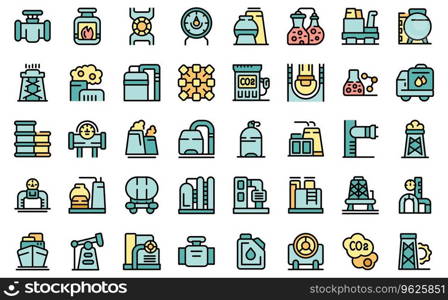 Gas production icons set outline vector. Tank rig. Station flame thin line color flat on white. Gas production icons set vector flat