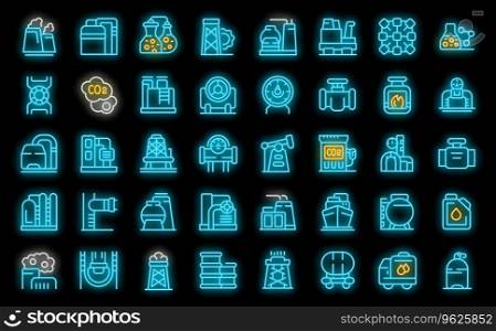 Gas production icons set outline vector. Tank rig. Station flame neon color on black. Gas production icons set vector neon