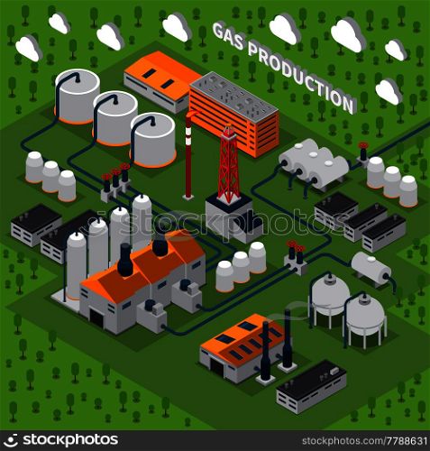 Gas production isometric composition with industrial facilities including buildings, station, smokestacks, pipeline, tanks for storage vector illustration . Gas Production Isometric Composition