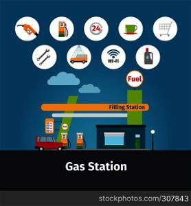 Gas station and fuel pump flat icons vector illustration. Gas station with flat icons