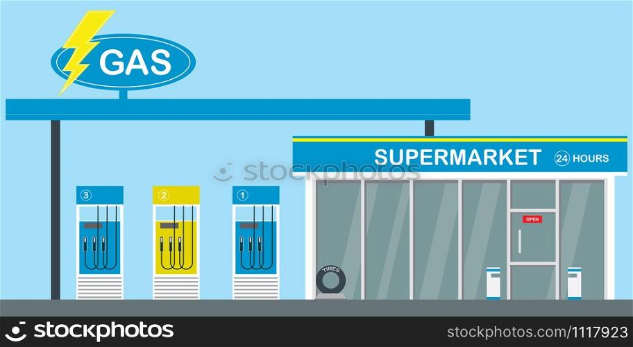 Gas station and supermarket, flat vector illustration. Gas station and supermarket
