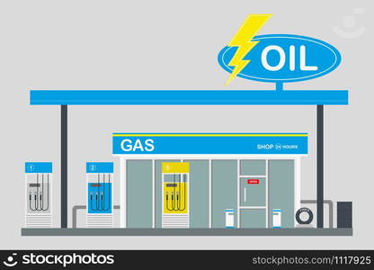 Gas station and supermarket, flat vector illustration. Gas station and supermarket