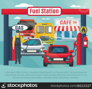 Gas Station Background Illustration . Gas station background with fuel worker cars and cafe flat vector illustration