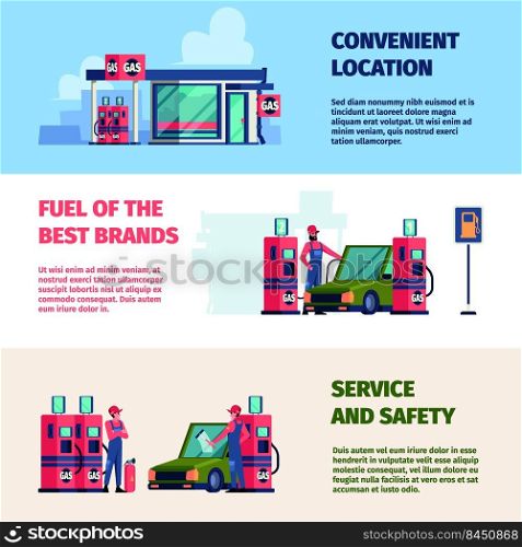 Gas station banners. Professional workers refuelling different cars oil gas petrolling service garish vector printing designs template set. Gas station and petroleum service gasoline illustration. Gas station banners. Professional workers refuelling different cars oil gas petrolling service garish vector printing designs template set