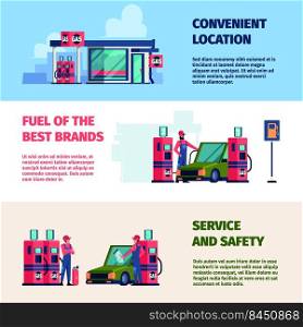 Gas station banners. Professional workers refuelling different cars oil gas petrolling service garish vector printing designs template set. Gas station and petroleum service gasoline illustration. Gas station banners. Professional workers refuelling different cars oil gas petrolling service garish vector printing designs template set