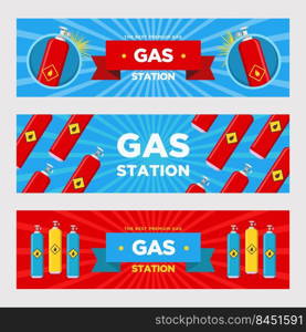 Gas station banners set. Cylinders and balloons with flammable sign vector illustrations with advertising text. Templates for fueling station flyers or signboards