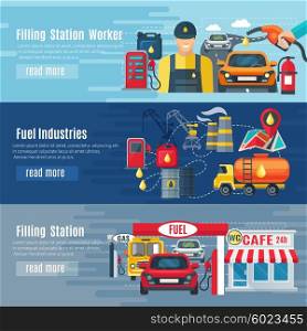 Gas Station Banners Set. Gas station horizontal banners set with fuel industries symbols flat isolated vector illustration