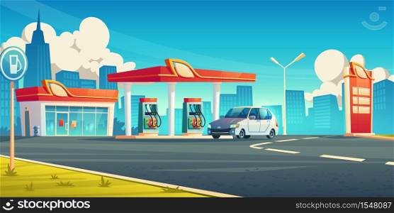 Gas station, cars refueling city service, petrol shop with building, price display and pump hoses on cityscape background, fuel selling for urban vehicles, oil refill, Cartoon vector illustration. Gas station, cars refueling service, petrol shop