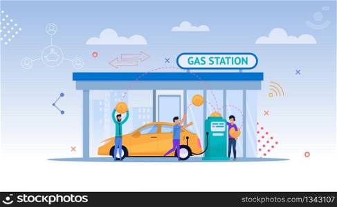 Gas Station Cartoon Illustration. Car Petrolium Refill. Driver Consumer on Street with Cityscape make Payment for Gasoline or Oil. Modern Energy Economy by Fill Up Biofuel or Diesel.. Gas Station Cartoon Illustration. Car Refill.