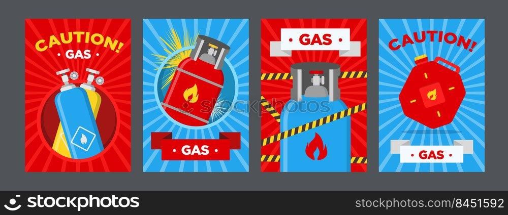 Gas station caution posters set. Canisters and balloons with flammable sign vector illustrations on red or blue background. Templates for gas station banners and warning signs