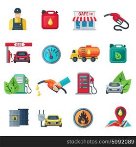 Gas Station Color Icons Set. Gas station flat color icons set of canister tanker gun cafe employee column with pump isolated vector illustration
