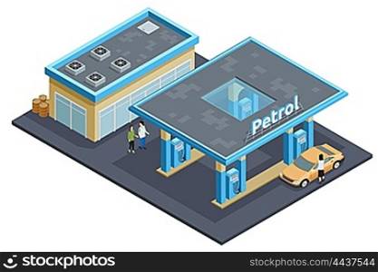 Gas Station Complex Isometric Image Poster. Gas petrol motorway filling service station to refuel recharge rest eat and drink isometric poster abstract vector illustration