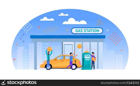 Gas Station Flat Illustration. Money for Fuel. Yellow Car Refuel Outdoors. Man Person Character Work with Gasoline Pump near Cityscape. Biofuel Energy Economy. Road Automobile Oil Service.. Gas Station Flat Illustration. Money for Fuel.