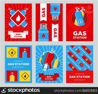 Gas station flyers set. Cylinders and balloons with flammable sign vector illustrations with advertising text. Templates for gas station posters or banners