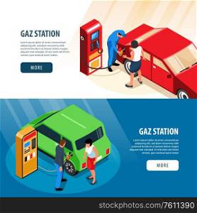 Gas station horizontal banners with refuelling stands and workers filling up fuel into car isometric vector illustration