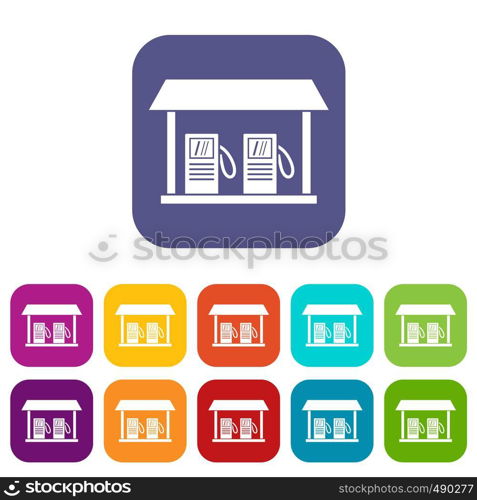 Gas station icons set vector illustration in flat style in colors red, blue, green, and other. Gas station icons set