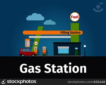 Gas station image with car and text. Vector illustration. Gas station vector illustration