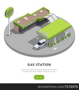 Gas station isometric background concept with gas filling station building images learn more button and text vector illustration