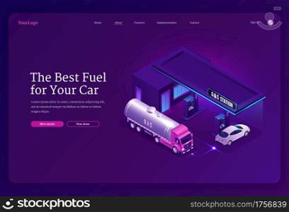 Gas station isometric landing page, cars refueling city service, petrol shop with building, gasoline tanker vehicles and hoses, fuel selling for urban transportation, oil refill, 3d vector web banner. Gas station isometric landing page, cars refueling