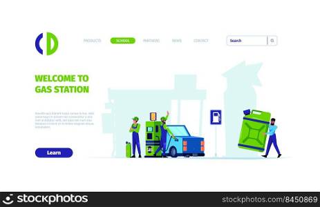 Gas station landing. Petrol car refill engine workers garish vector web page with place for text. Illustration of gasoline gas automotive. Gas station landing. Petrol car refill engine workers garish vector web page with place for text