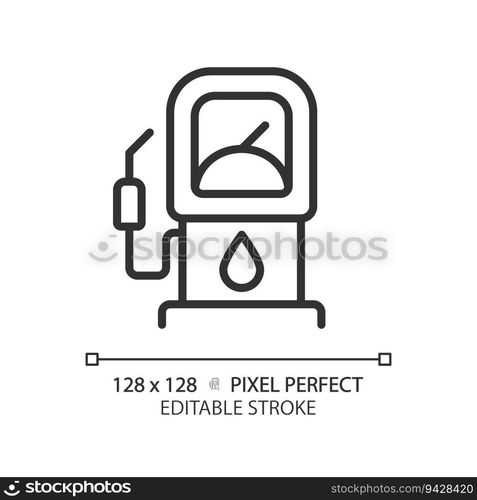 Gas station linear icon. Motor car. Filling station. Convenience store. Automotive service. Energy infrastructure. Thin line illustration. Contour symbol. Vector outline drawing. Editable stroke. Gas station linear icon