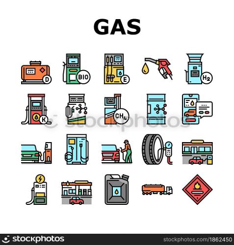 Gas Station Refueling Equipment Icons Set Vector. Diesel And Gasoline, Ethanol And Methanol Gas Station, Wheel Inflation And Car Washing Service Line. Canister And Barrel With Fuel Color Illustrations. Gas Station Refueling Equipment Icons Set Vector
