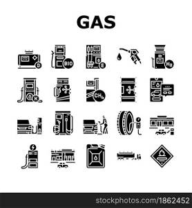 Gas Station Refueling Equipment Icons Set Vector. Diesel And Gasoline, Ethanol And Methanol Gas Station, Wheel Inflation Car Washing Service. Canister Barrel Fuel Glyph Pictograms Black Illustrations. Gas Station Refueling Equipment Icons Set Vector