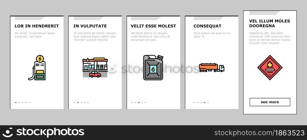 Gas Station Refueling Equipment Onboarding Mobile App Page Screen Vector. Diesel And Gasoline, Ethanol And Methanol Gas Station, Wheel Inflation And Car Washing Service Illustrations. Gas Station Refueling Equipment Onboarding Icons Set Vector