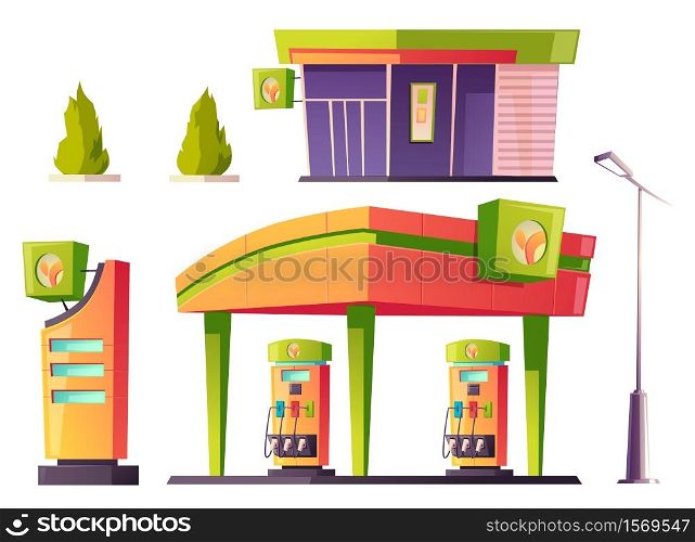 Gas station refueling service stuff, building with shutter door, price display, pump hoses, vehicle petrol shop fuel selling, road urban objects for car oil refill. Cartoon vector illustration, set. Gas station refueling service isolated items set