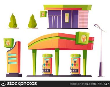 Gas station refueling service stuff, building with shutter door, price display, pump hoses, vehicle petrol shop fuel selling, road urban objects for car oil refill. Cartoon vector illustration, set. Gas station refueling service isolated items set