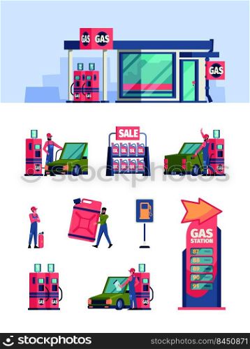 Gas station service. Refuel engine workers gas oil refill processes pumping fuel garish vector colored illustrations. Fuel and gasoline for automobile. Gas station service. Refuel engine workers gas oil refill processes pumping fuel garish vector colored illustrations