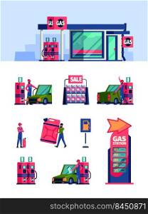 Gas station service. Refuel engine workers gas oil refill processes pumping fuel garish vector colored illustrations. Fuel and gasoline for automobile. Gas station service. Refuel engine workers gas oil refill processes pumping fuel garish vector colored illustrations