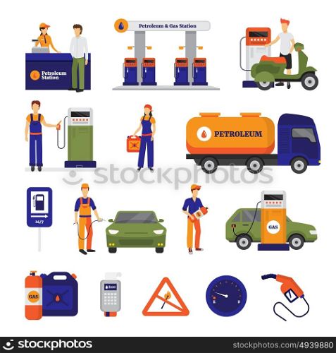 Gas Station Set . Gas and petrol station icons set with people flat isolated vector illustration