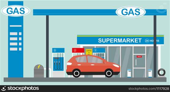 Gas station,supermarket and car, flat vector illustration. Gas station,supermarket and car,