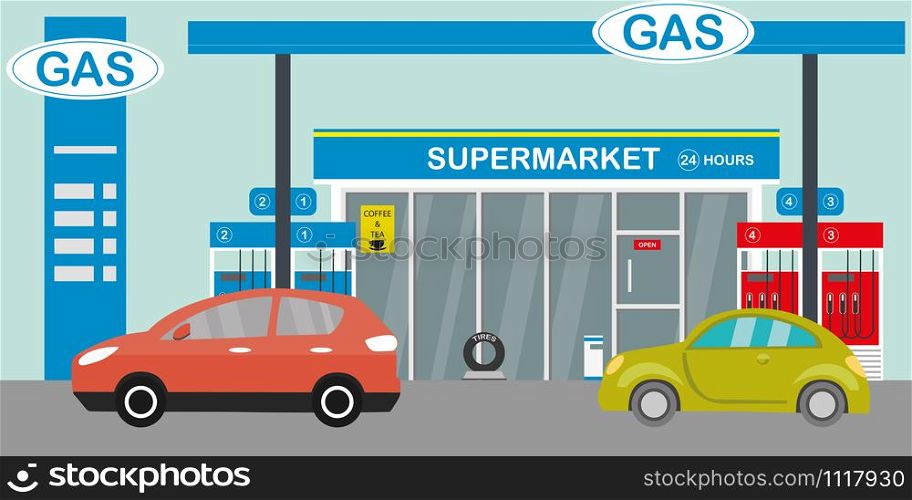 Gas station,supermarket and cars, flat vector illustration. Gas station,supermarket and cars,