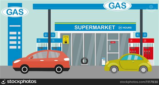 Gas station,supermarket and cars, flat vector illustration. Gas station,supermarket and cars,