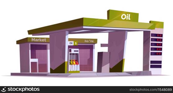 Gas station with oil pump, market and prices display. Vector cartoon illustration of empty fuel filling station for cars isolated on white background. Modern service for refill petrol, diesel or gas. Gas station with oil pump and market