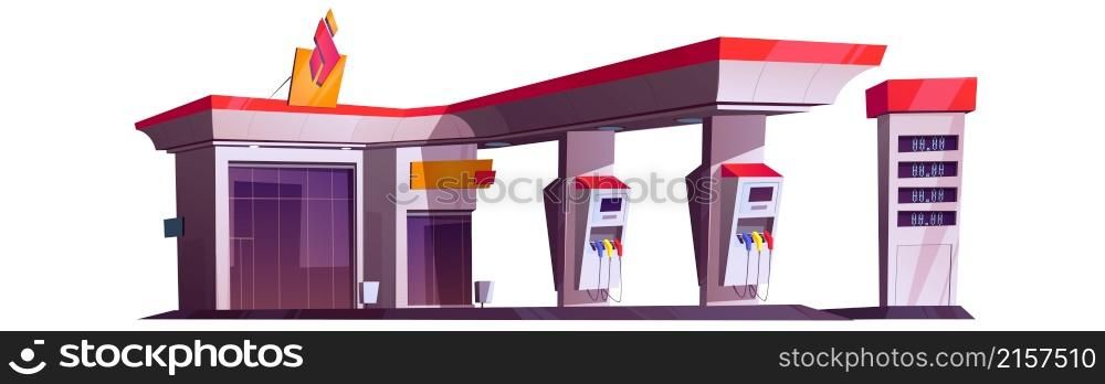 Gas station with oil pump, market and prices display. Vector cartoon illustration of empty modern fuel filling station for cars and shop building isolated on white background. Gas station with oil pump and market