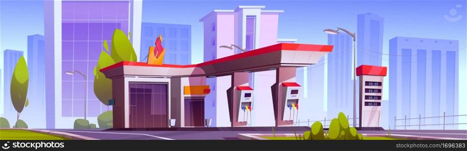 Gas station with oil pump, market and prices display on road in town. Vector cartoon cityscape with empty fuel filling station for cars, green trees and city buildings on background. Gas station with oil pump and market in city