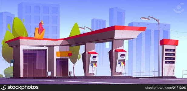 Gas station with oil pump, refill petrol service on cityscape background. Urban fuel filling for cars modern building with market, prices display, diesel or gasoline guns. cartoon vector illustration. Gas station with oil pump, refill petrol service