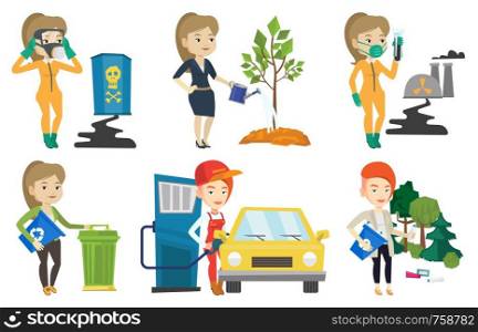 Gas station worker filling up fuel into the car. Smiling worker in workwear at the gas station. Gas station worker refueling a car. Set of vector flat design illustrations isolated on white background. Vector set of characters on ecology issues.